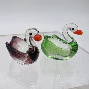 Handmade Glass Duck Figurines Green & Purple With Orange Beaks 1"